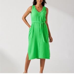 Tommy Bahama - Green Cotton Gauze Sleeveless Frayed Hem Midi Dress M